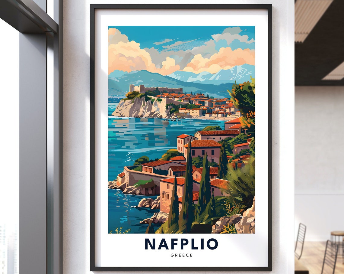 Nafplio Greece Seaside Cliffs Town Travel Poster Blue Water View
