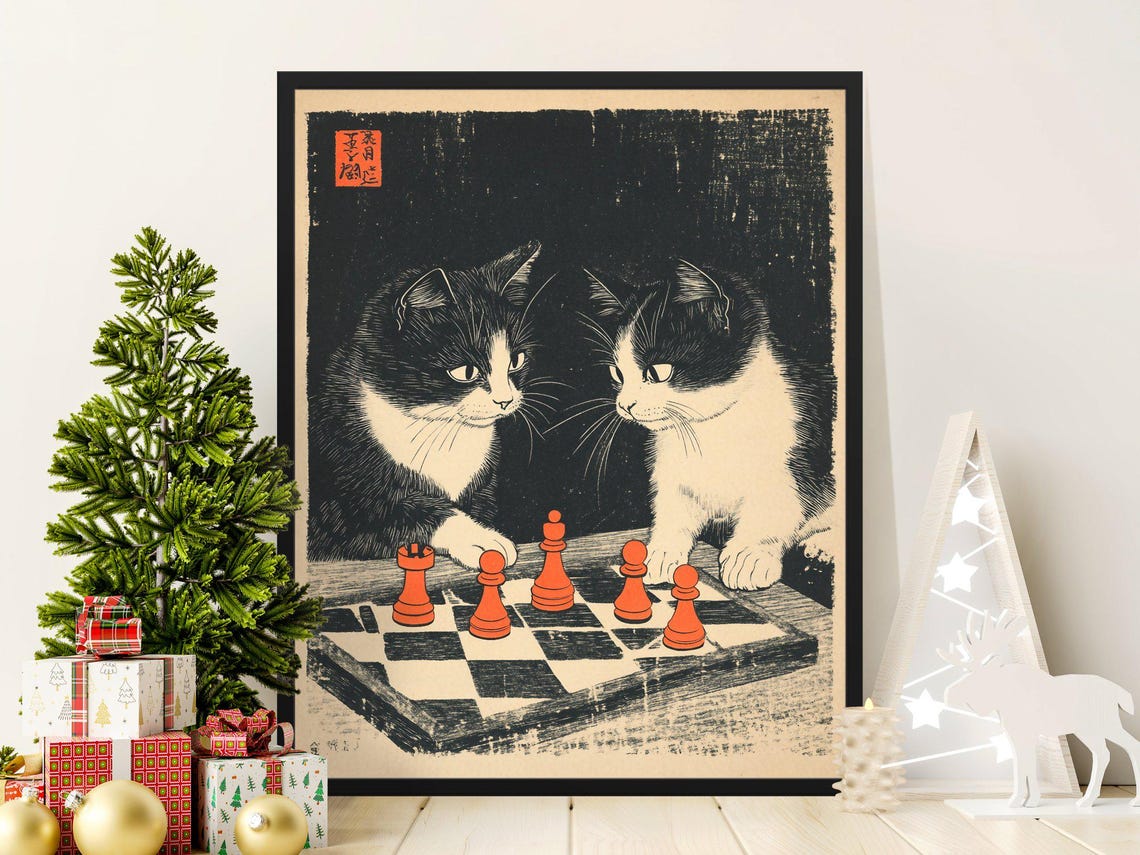 Tuxedo Cats Studying Chess Red Pieces Dramatic Japanese Art Poster