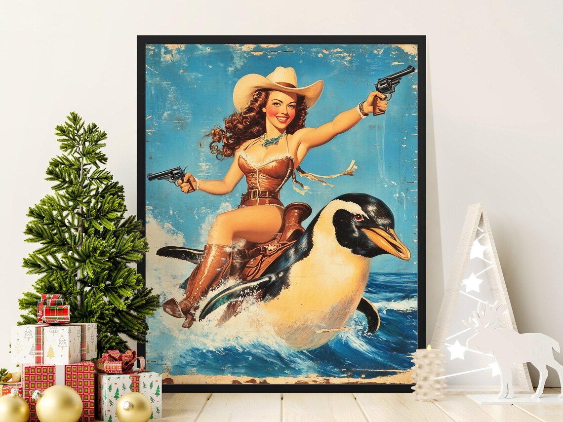 Vintage Cowgirl Riding Giant Penguin Retro Pin Up Ocean Poster Art - Image 2
