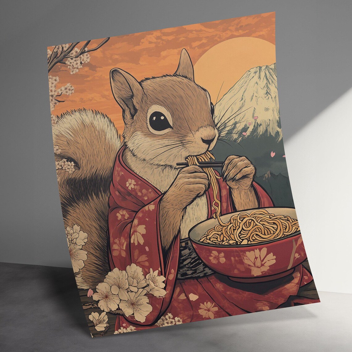 Cute Squirrel In Kimono Eating Noodles Mount Fuji Cherry Blossom Poster - Image 2