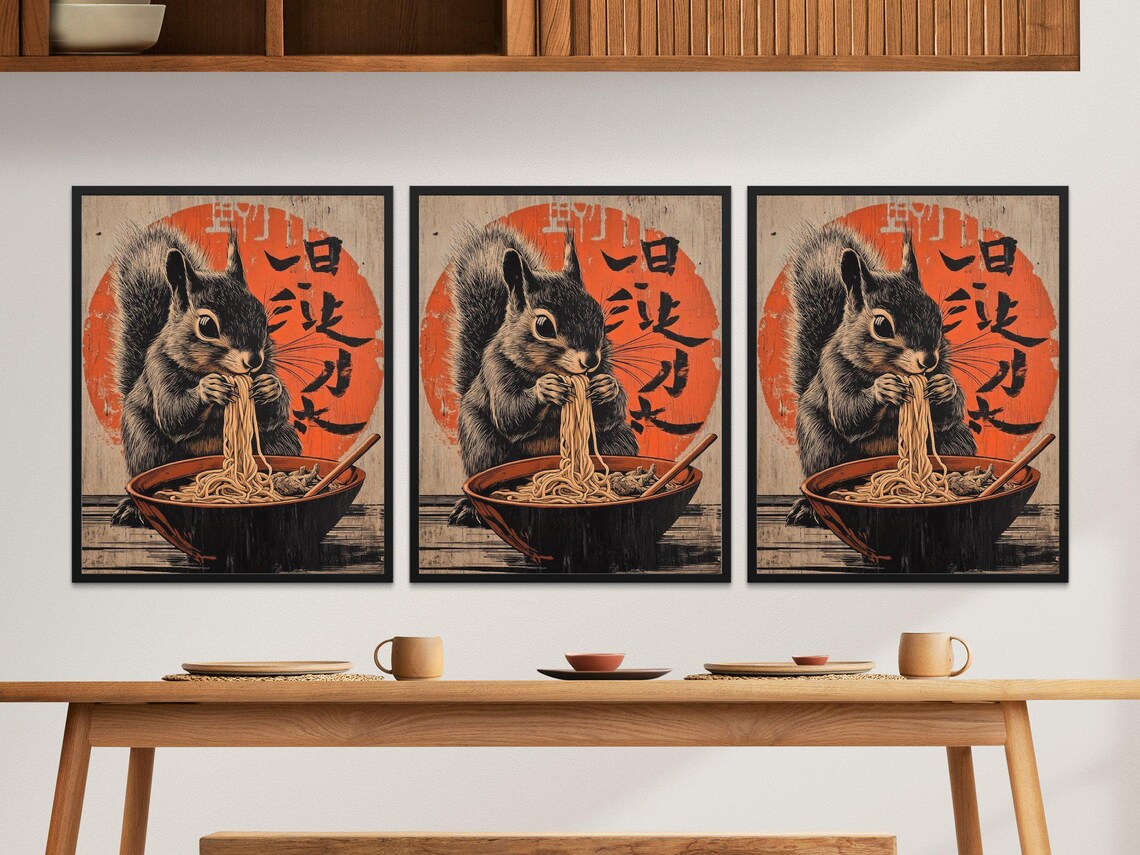 Squirrel Eating Noodles Vintage Japanese Red Sun Woodblock Art Poster - Image 2