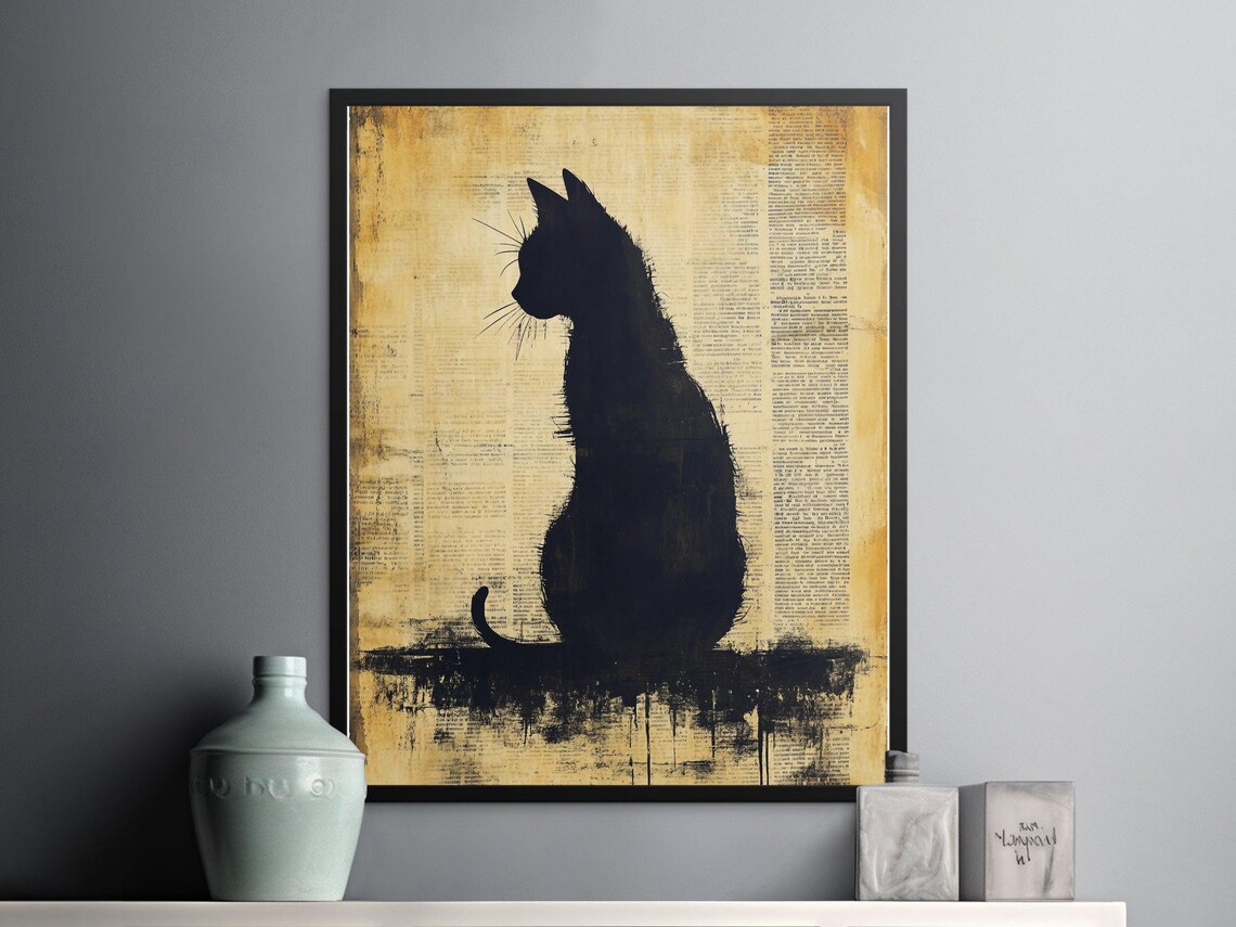 Black Cat Silhouette On Vintage Newspaper Sepia Nostalgic Literary Art Poster - Image 2