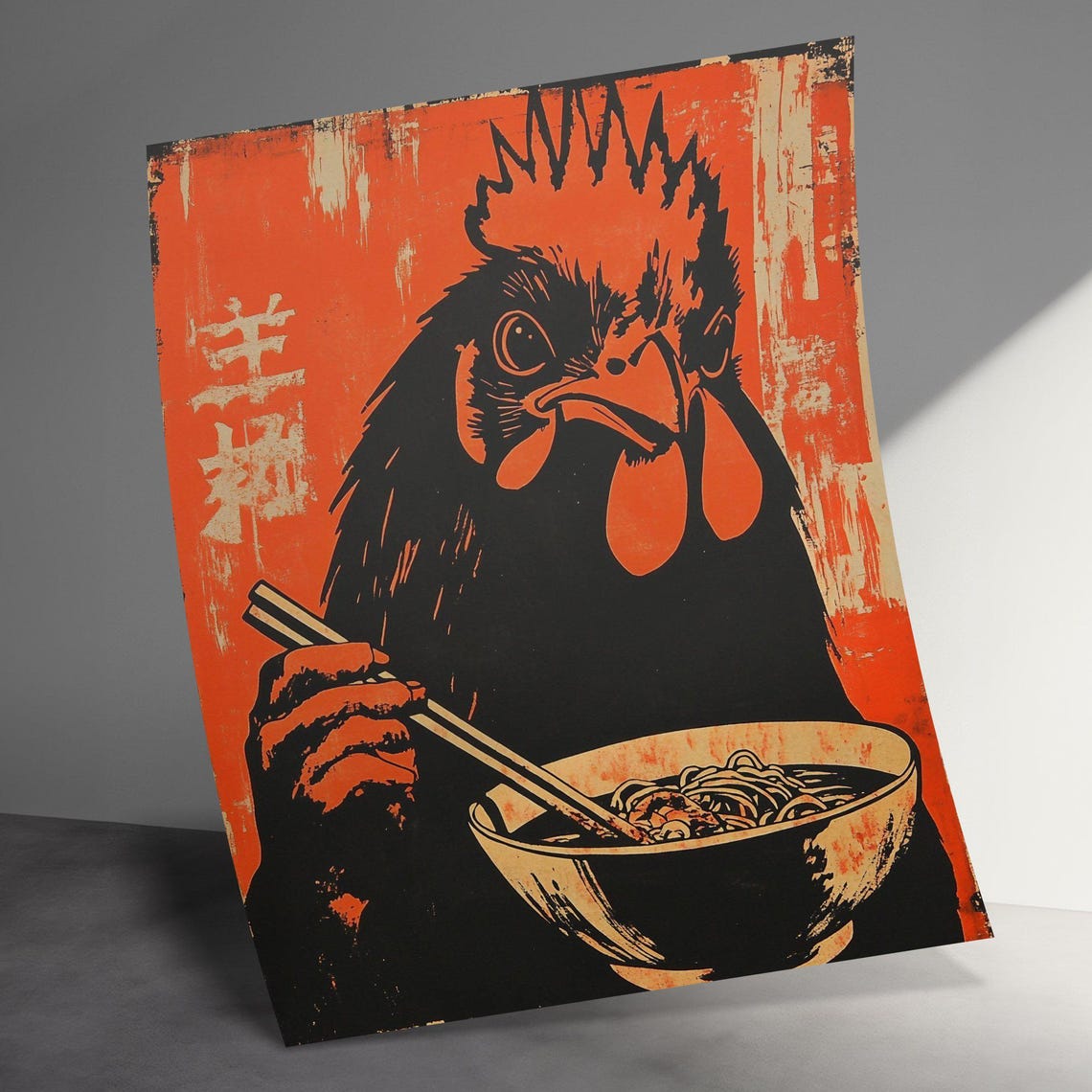 Bold Rooster Eating Ramen Noodles Retro Orange Japanese Art Poster - Image 3