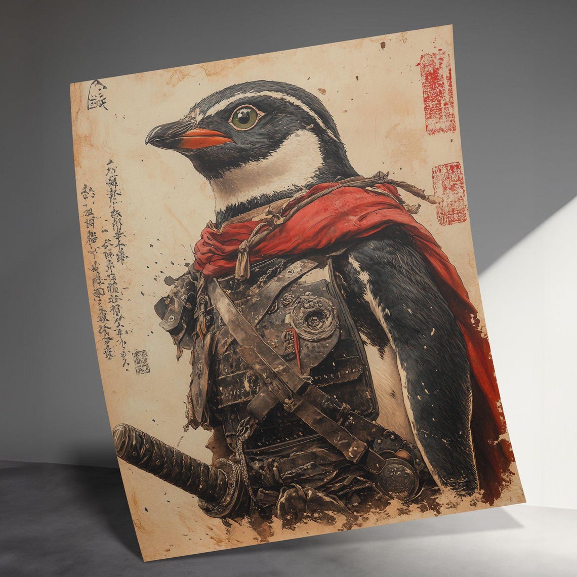 Samurai Penguin In Armor Red Scarf Japanese Scroll Style Animal Poster - Image 3