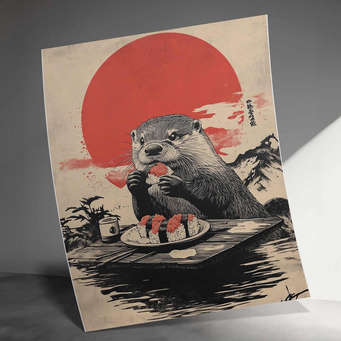 Otter Dining on Sushi by the Water Red Sun Japanese Scene Poster - Image 3