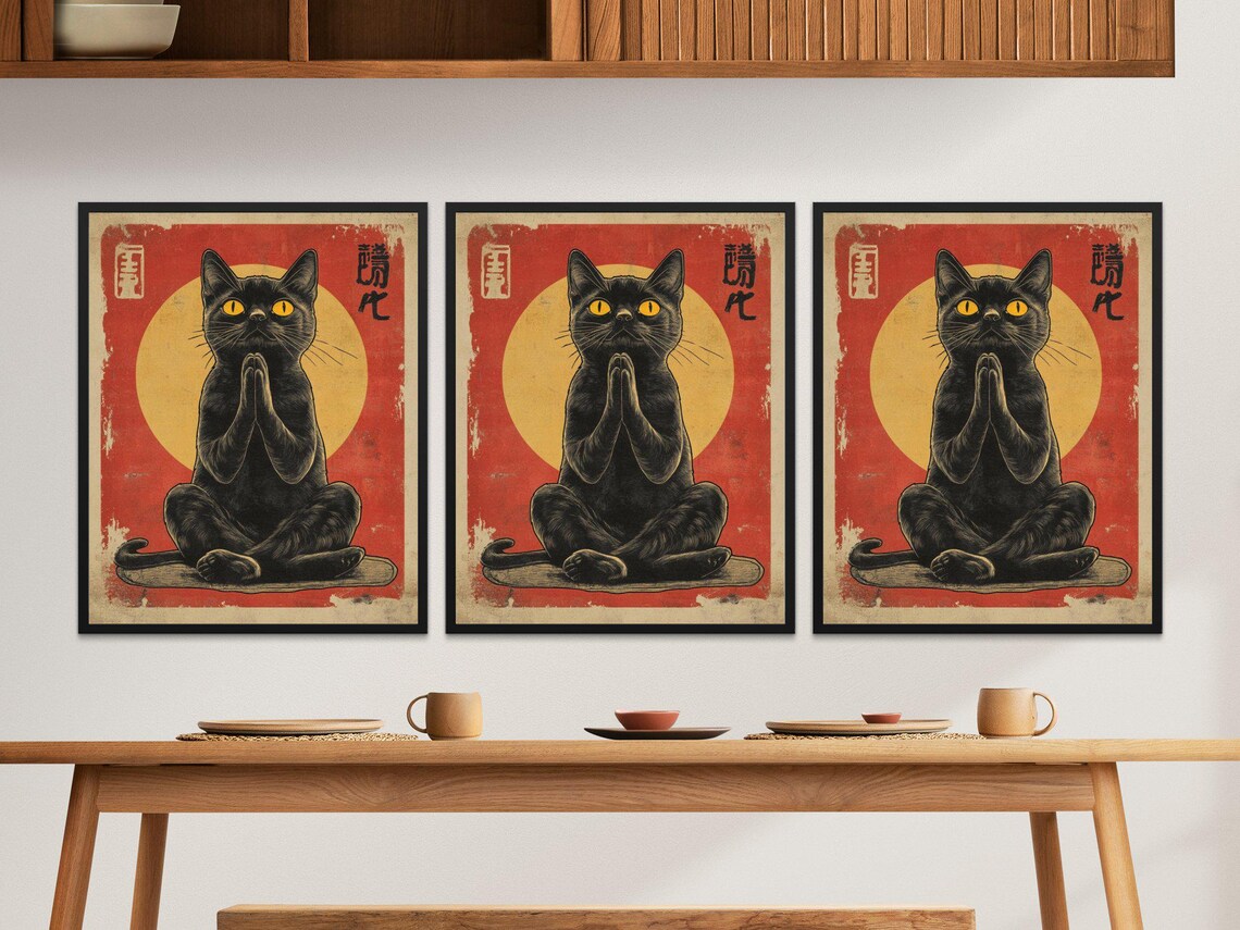 Black Cat Meditating Prayer Pose Golden Circle Red Vintage Zen Art Poster - Image 2