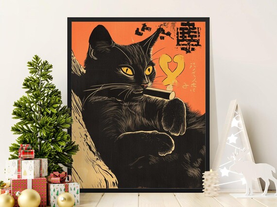 Black Cat Smoking Cigar Retro Japanese Orange Background Poster