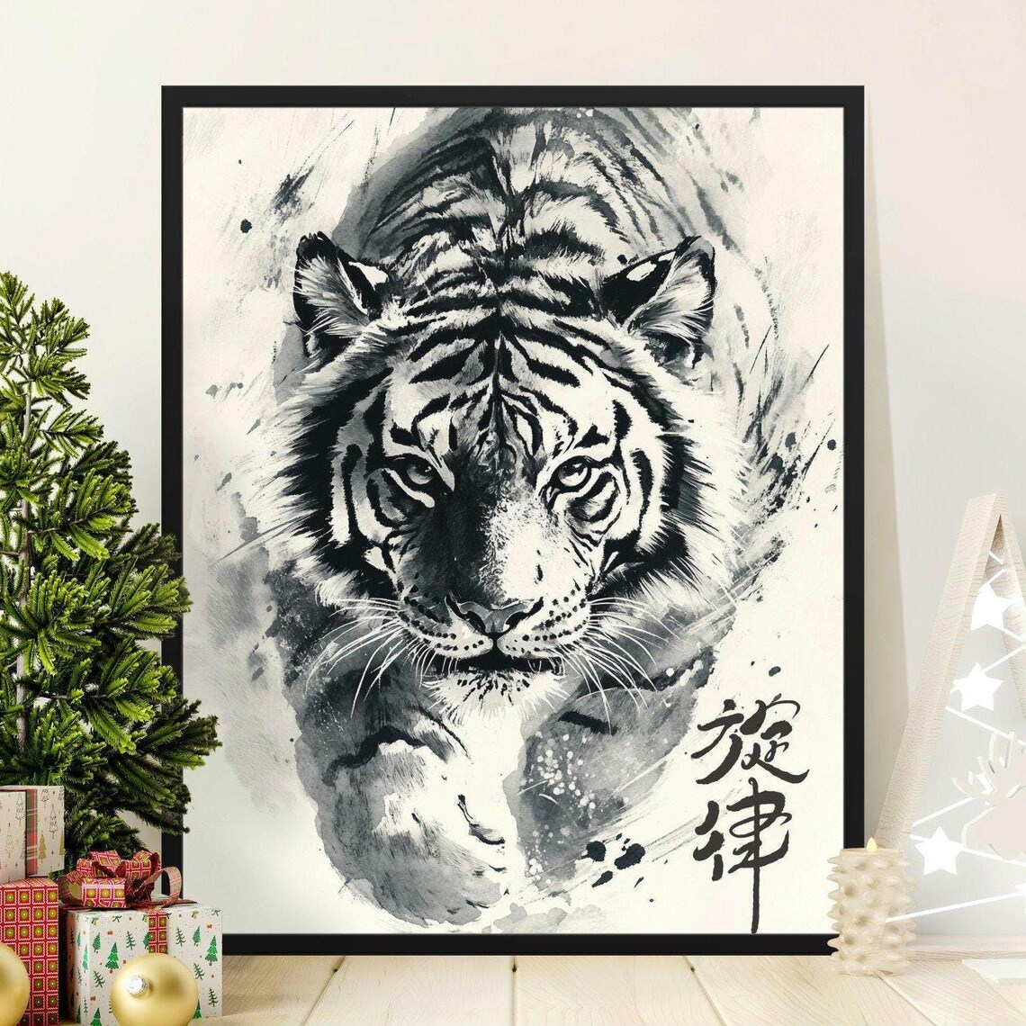 Fierce Tiger Ink Brush Painting Black White Japanese Zen Art Poster