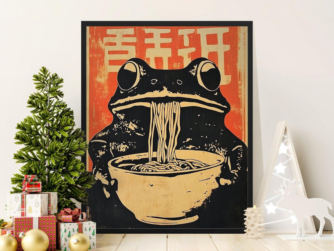 Quirky Frog Slurping Ramen Bowl Bold Japanese Pop Art Kitchen Poster