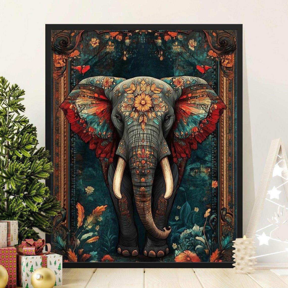 Colorful Boho Floral Mandala Elephant Ornate Teal Decor Wall Art