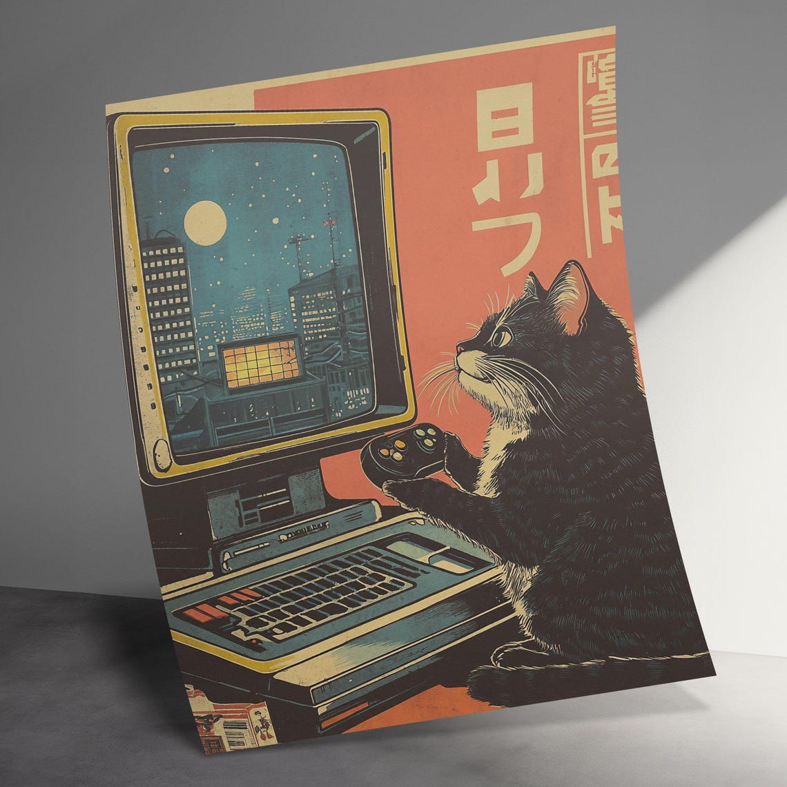 Cat Gamer On Retro Computer Night City Vintage Gaming Poster - Image 3