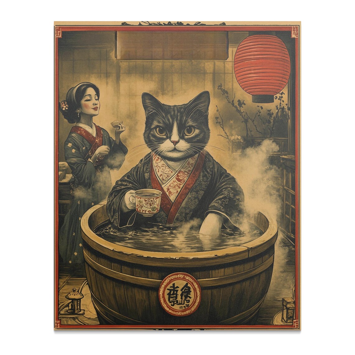 Cat In Kimono Onsen Bath With Geisha Retro Japanese Bathhouse Poster - Image 2