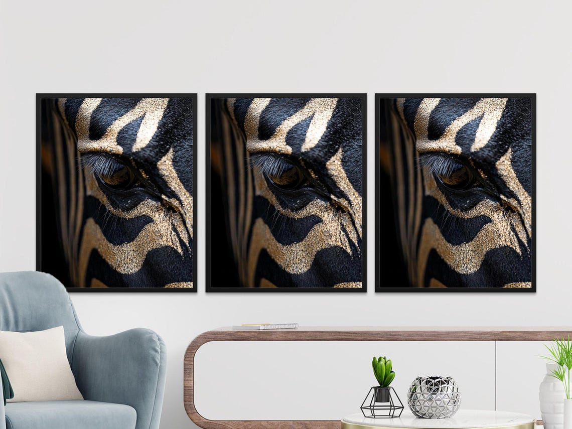 Zebra Eye Close Up With Golden Glitter Stripes Elegant Safari Wall Art - Image 2