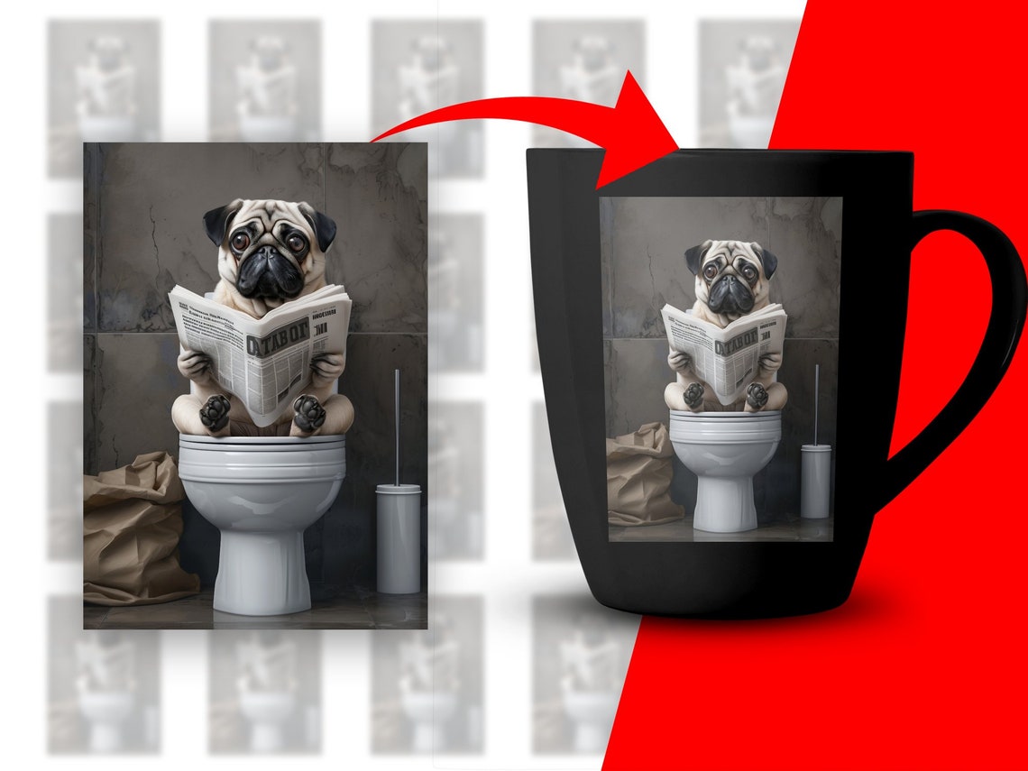 Pug Sitting On Toilet Reading Newspaper Funny Bathroom Dog Wall Art - Image 2