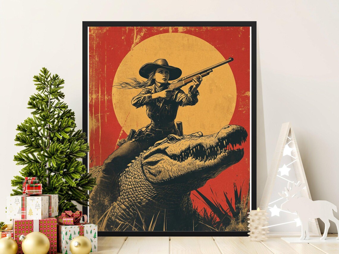 Cowgirl Riding Giant Alligator Rifle Vintage Western Sunset Art Poster