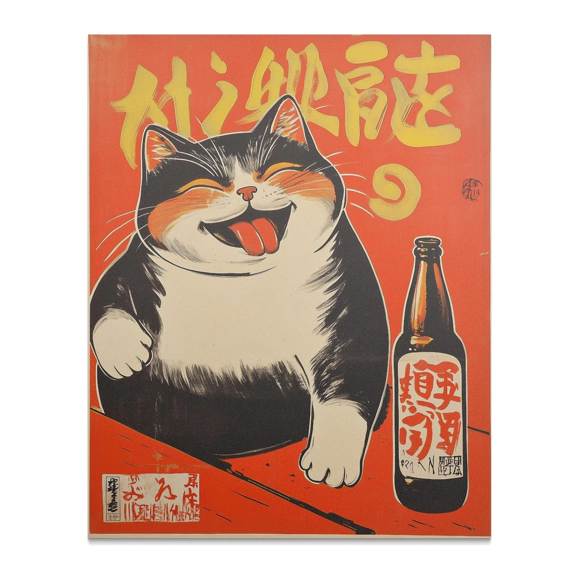 Happy Chubby Cat Laughing With Beer Bottle Retro Japanese Poster - Image 2