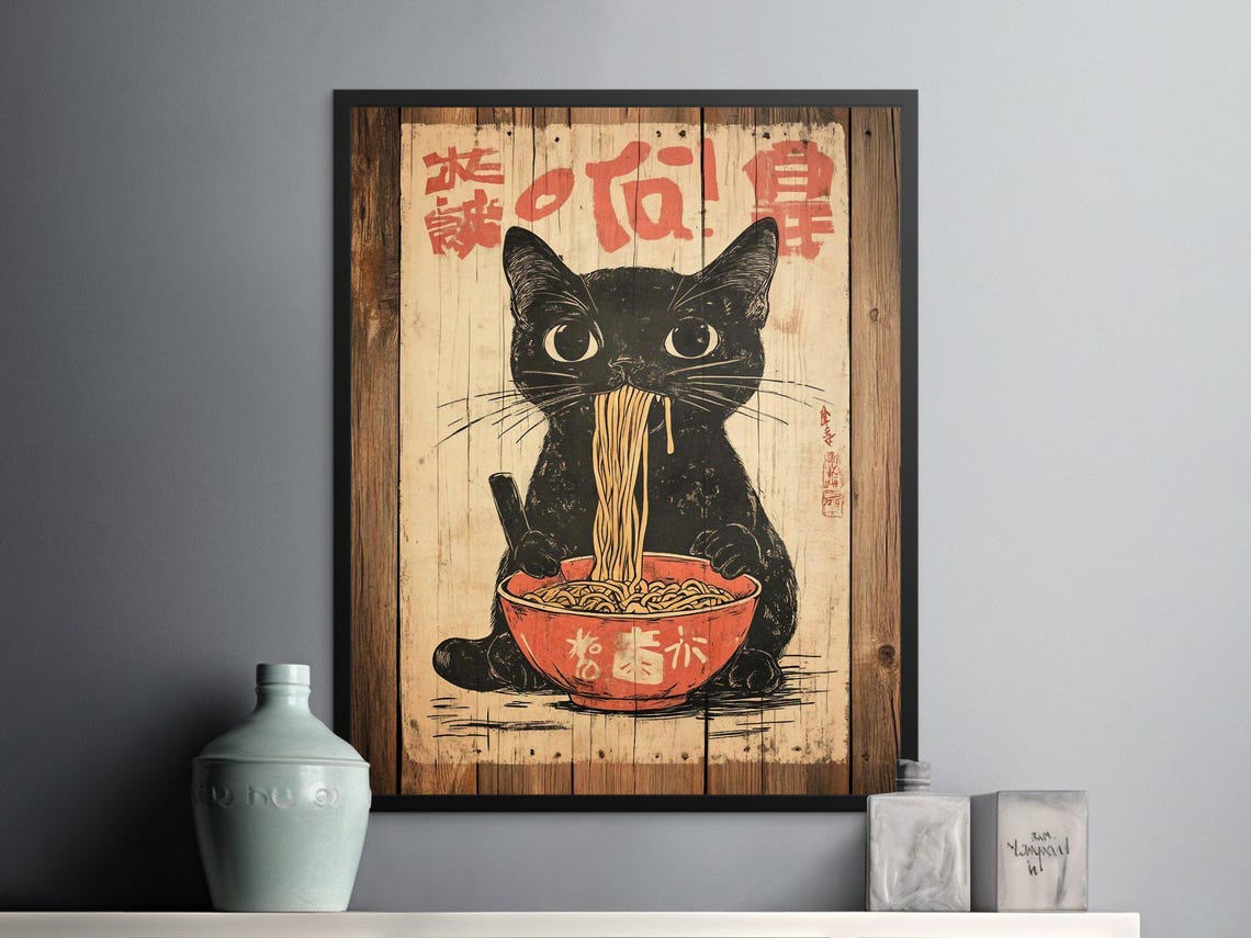 Black Cat Slurping Ramen Red Bowl Cute Japanese Kitchen Art Poster - Image 2