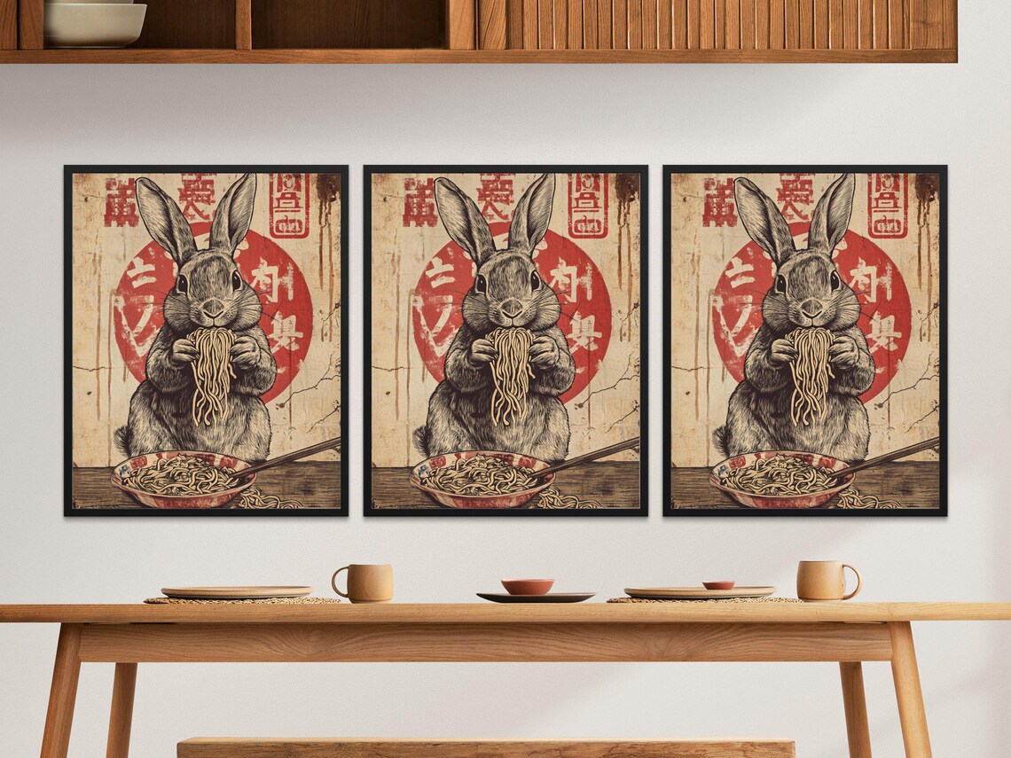 Vintage Bunny Eating Noodles, Japanese-Inspired Poster - Image 2