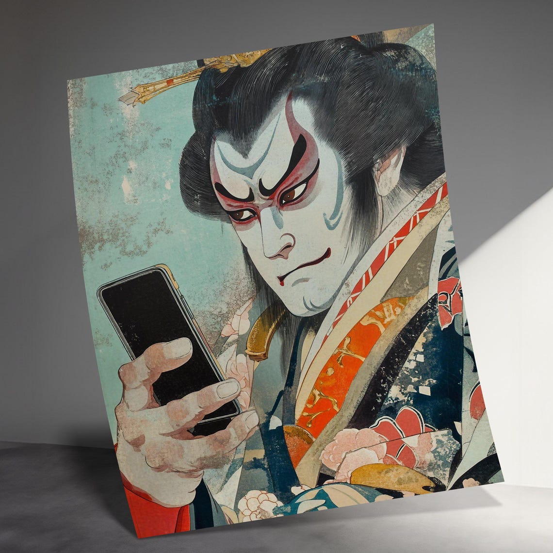 Kabuki Actor With Smartphone Japanese Ukiyo E Style Wall Art Poster - Image 3