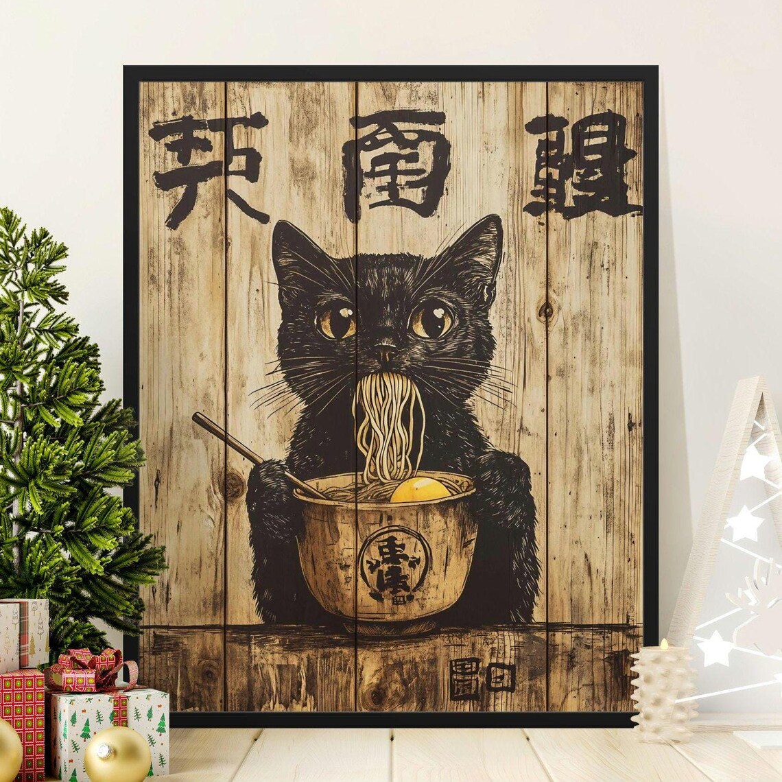 Cute Black Cat Eating Ramen Japanese Kitchen Vintage Wood Art Poster
