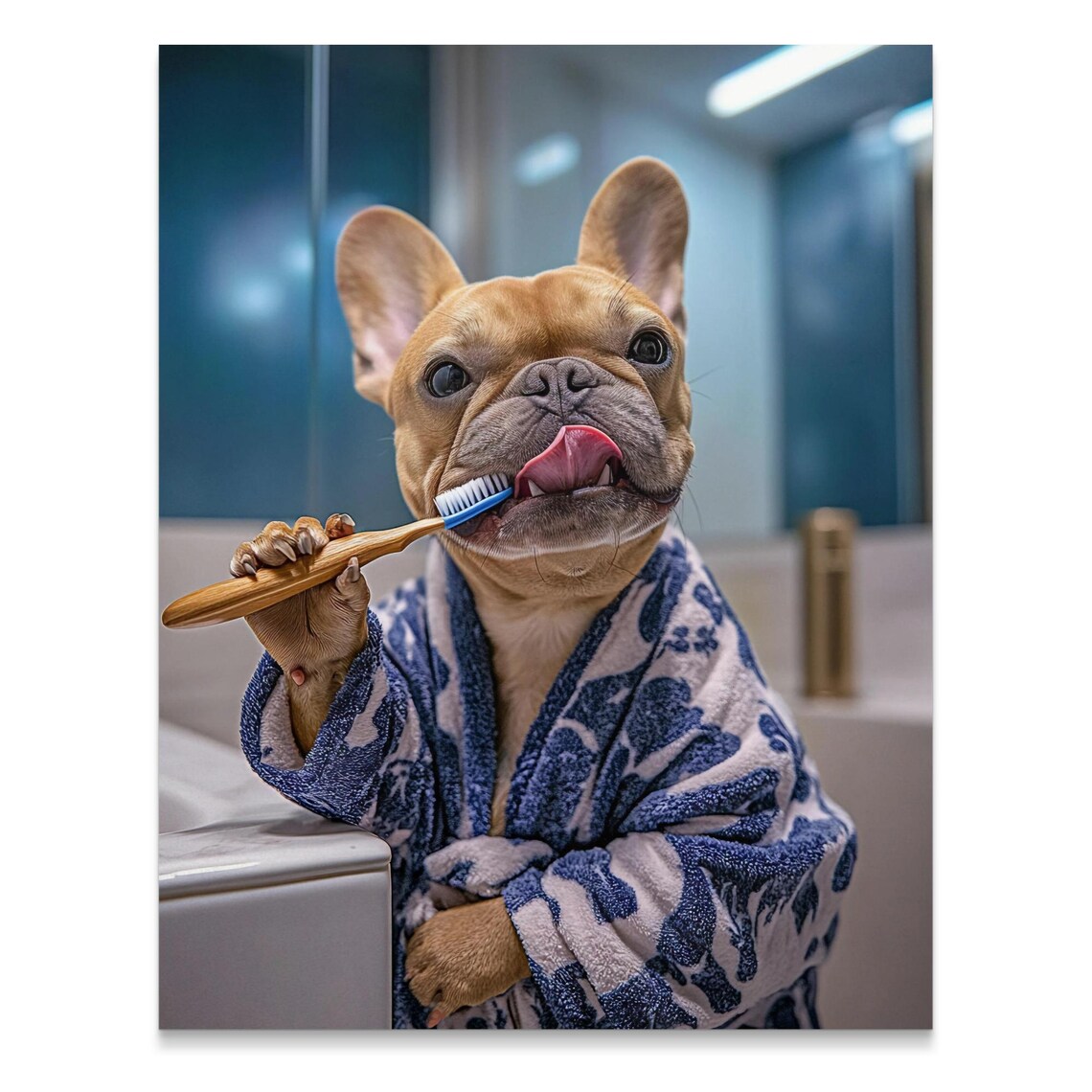 Cute French Bulldog Brushing Teeth, Custom Order Mel - Image 2
