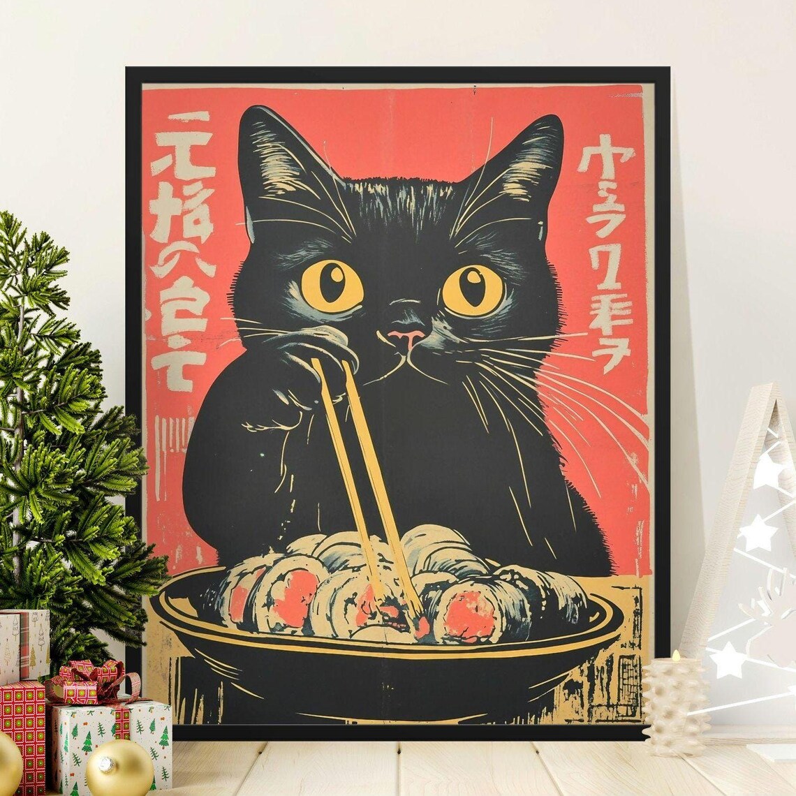 Vintage Style Cat Eating Sushi, Japanese-Inspired Poster Print