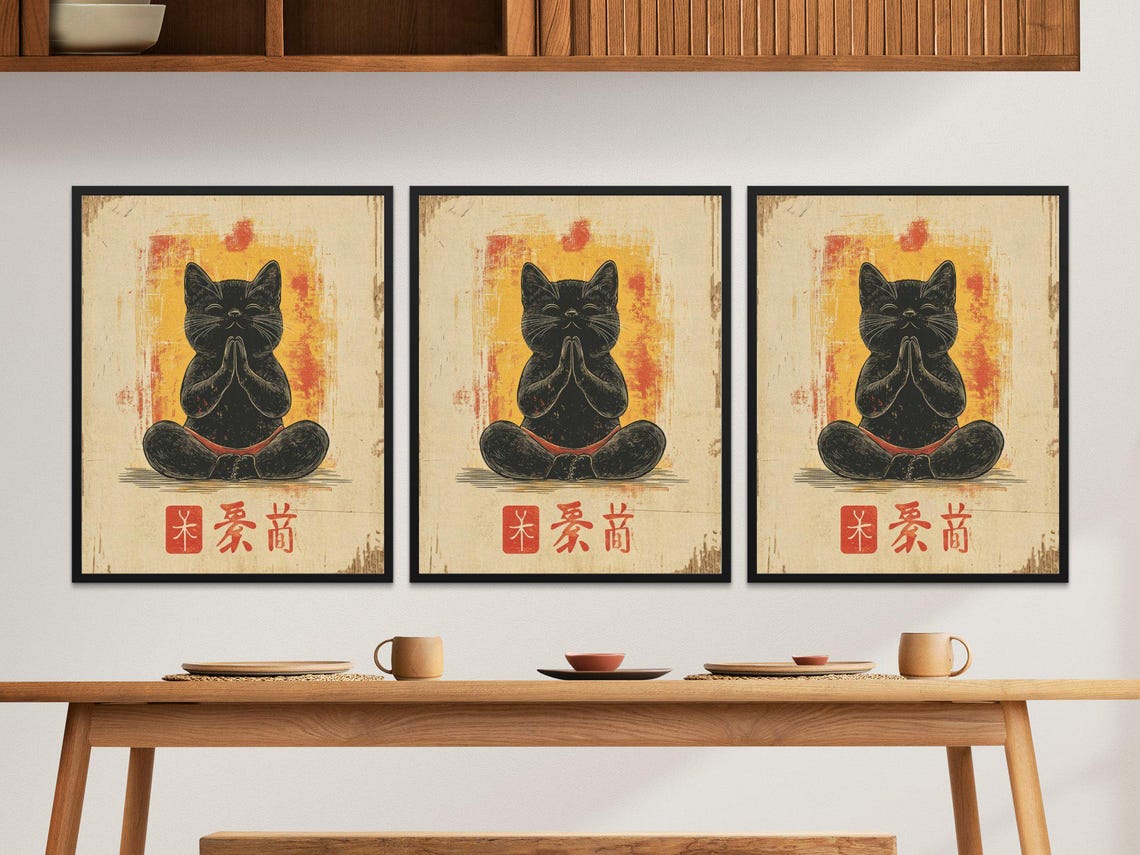 Meditating Black Cat Prayer Pose Zen Calm Vintage Japanese Yoga Poster - Image 2