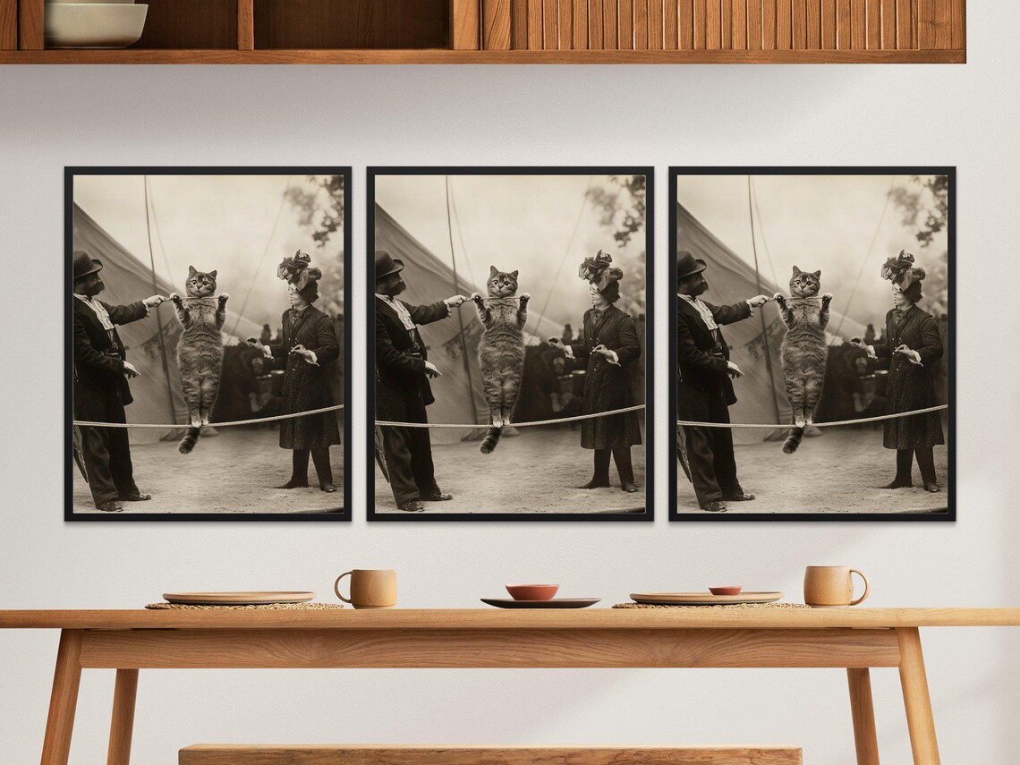 Vintage Cat Walking a Tightrope Circus Act Sepia Photo Wall Art - Image 2