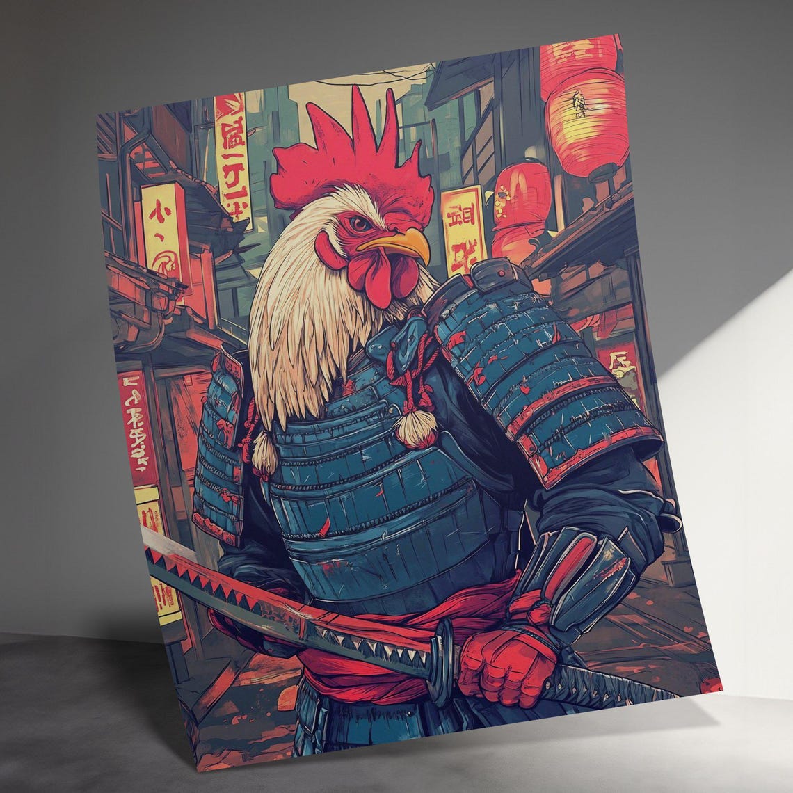 Fierce Samurai Rooster In Armor Neon Japanese Street Art Poster - Image 3