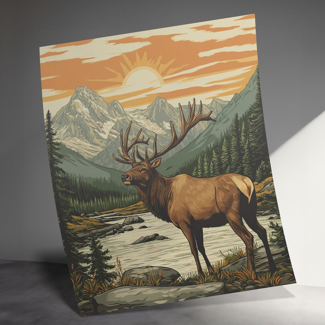 Majestic Bull Elk River Sunset Snowy Peaks Retro Wildlife Art Poster - Image 3