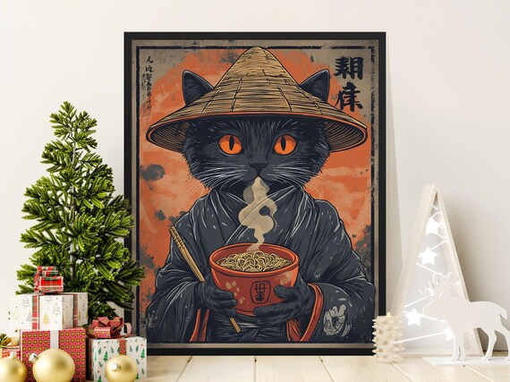 Ninja Cat Eating Ramen With Chopsticks Japanese Noodle Art Poster
