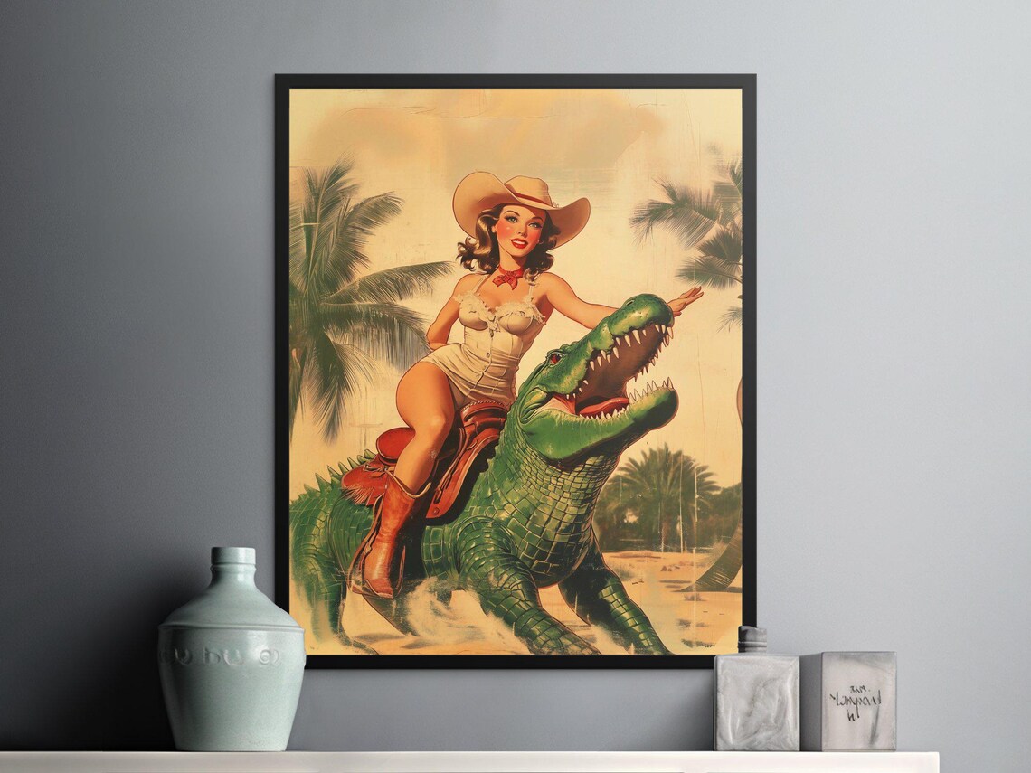 Vintage Pin Up Girl Riding Roaring Dinosaur Palm Retro Western Poster
