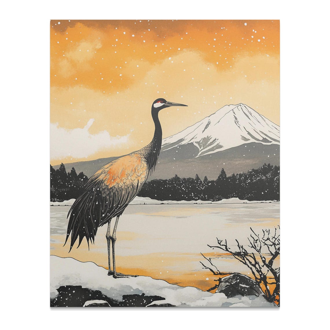 Red Crowned Crane Snow Winter Mount Fuji Golden Vintage Art Poster - Image 2