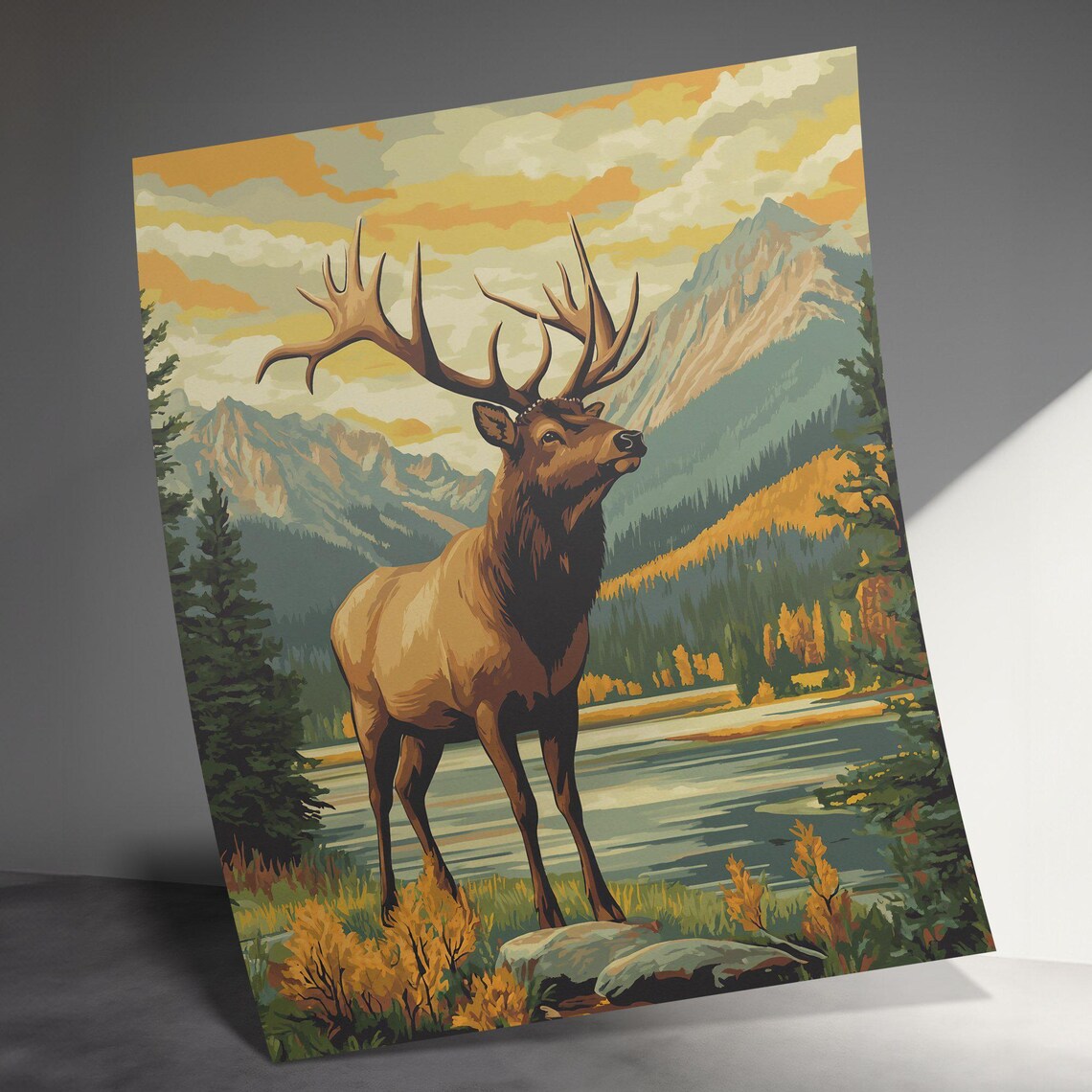 Majestic Elk Lakeside Autumn Mountains Golden Sunset Wildlife Art Poster - Image 3