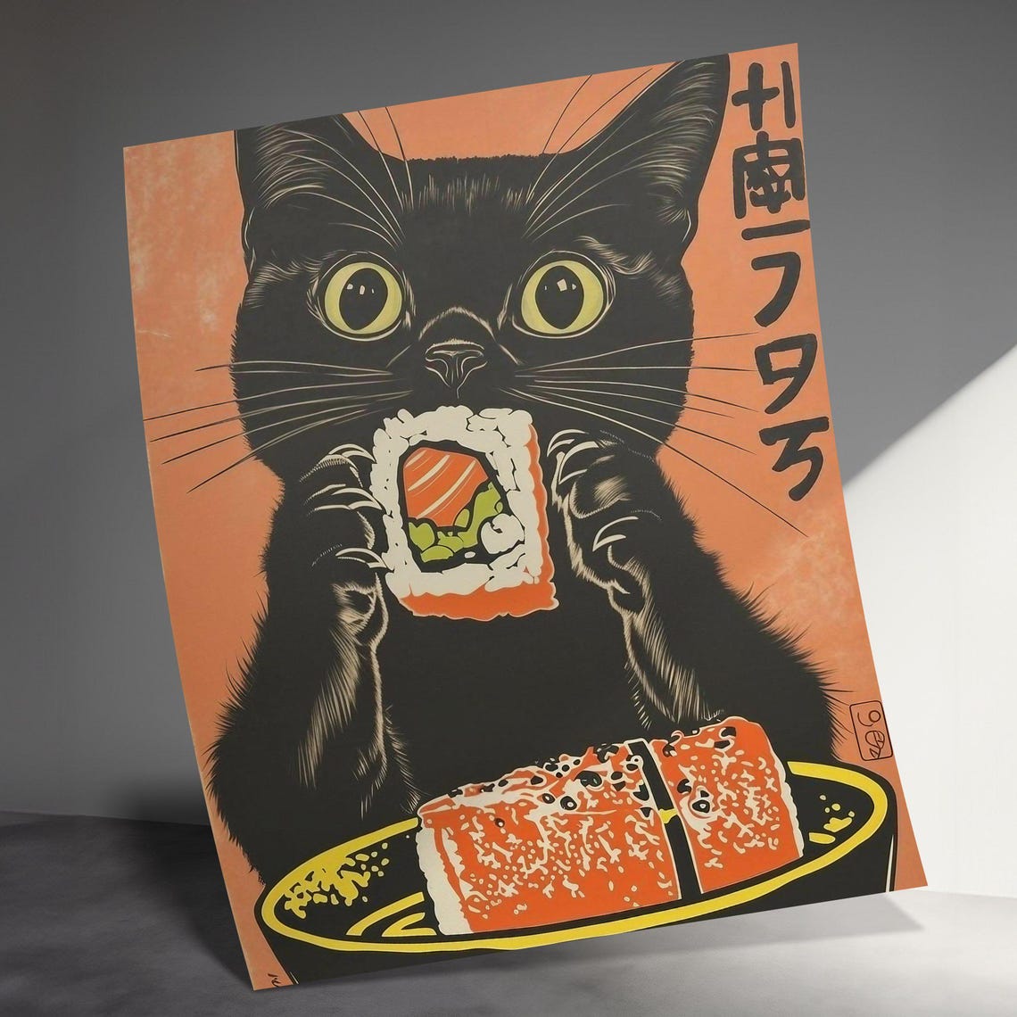 Black Cat Eating Salmon Sushi Roll Japanese Kitchen Art Poster - Image 3