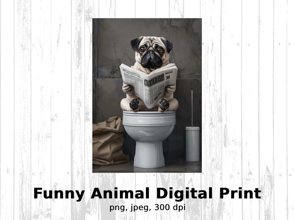 Pug Sitting On Toilet Reading Newspaper Funny Bathroom Dog Wall Art - Image 3