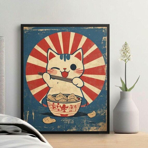Kawaii Cat Eating Dumplings Rising Sun Retro Japanese Kitchen Wall Art