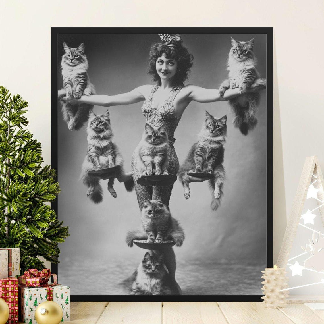 Circus Performer Balancing Seven Cats Vintage Black And White Wall Art