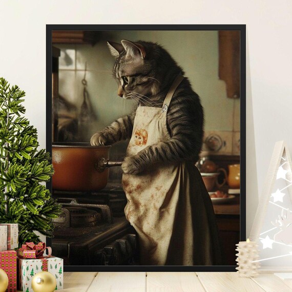 Cat Chef In Apron Stirring Pot Rustic Kitchen Cute Cooking Wall Art