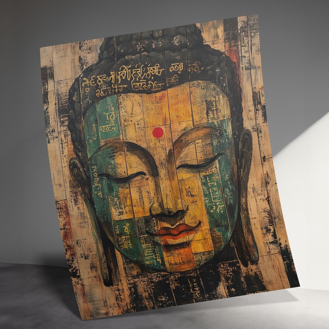 Serene Buddha Face Portrait Distressed Wood Panel Spiritual Zen Art Poster - Image 3