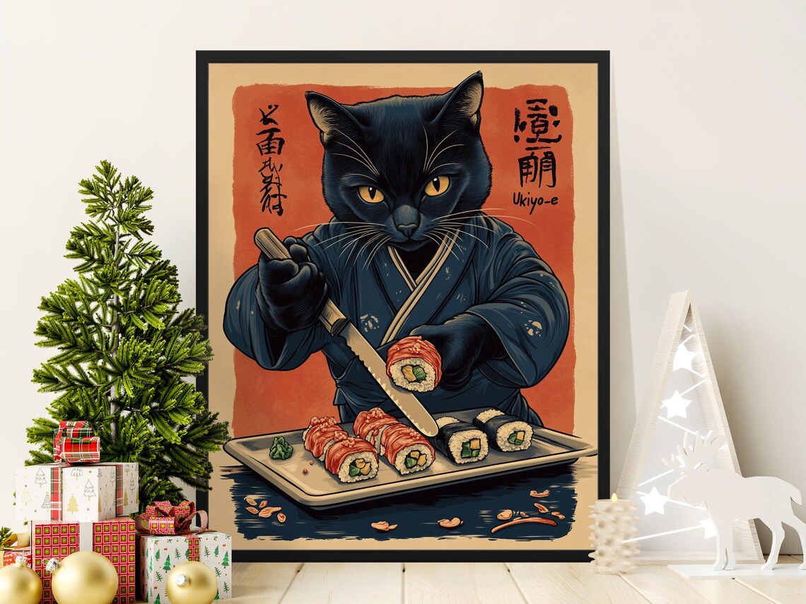 Black Cat Sushi Chef Japanese Ukiyo-e Style Sushi Bar Kitchen Wall Poster