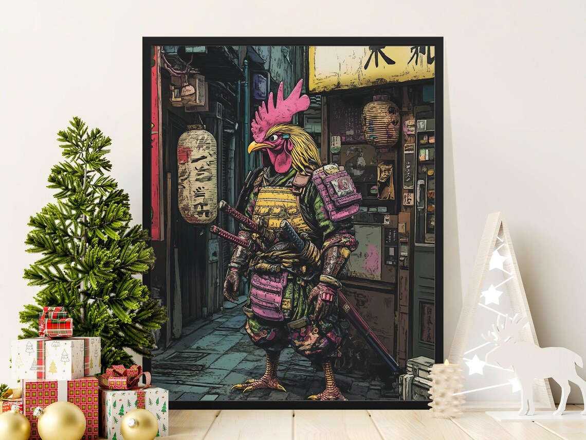 Samurai Chicken, Japanese Style Wall Art Print