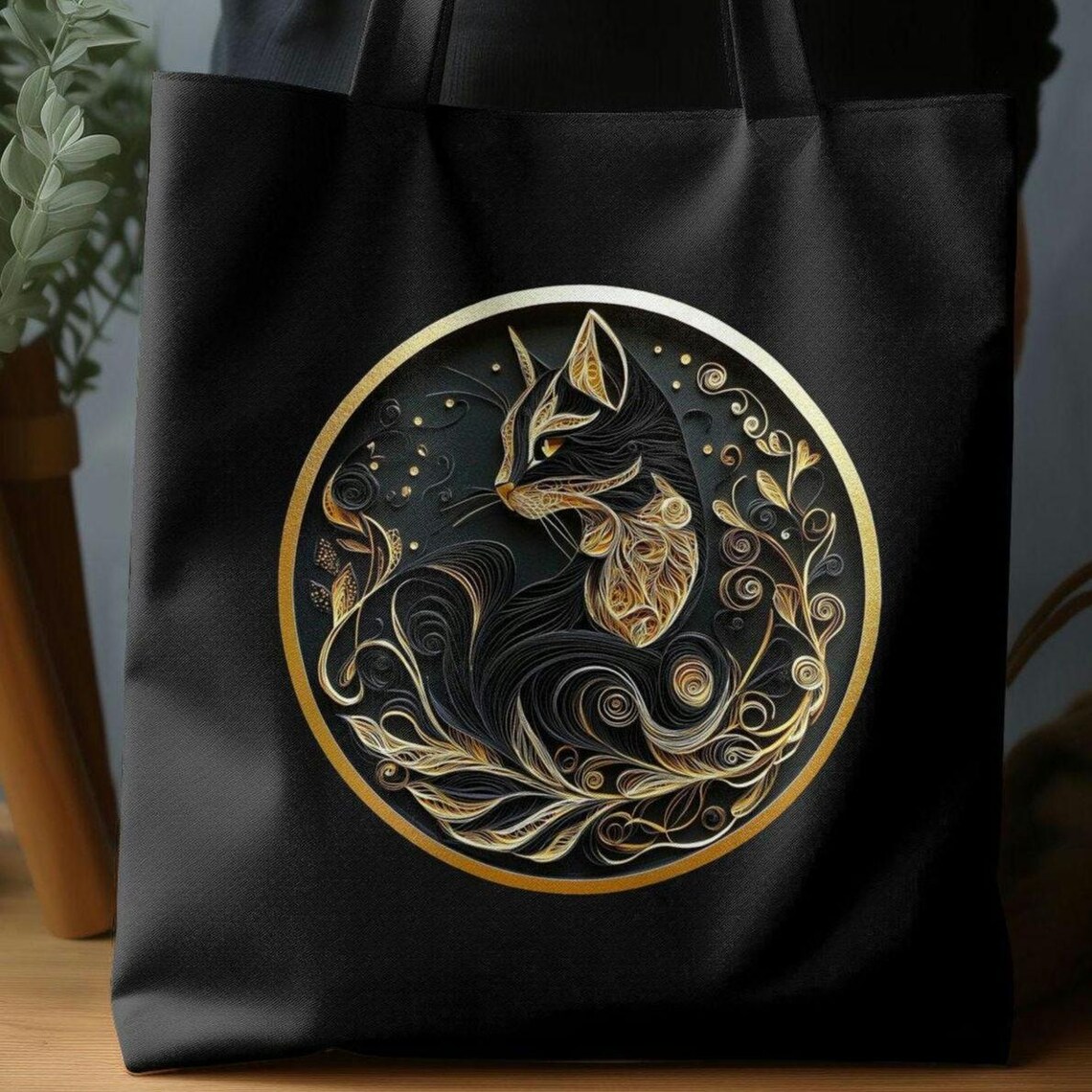 Elegant Black Tote Bag Gold Quilling Cat Design Intricate Feline Art