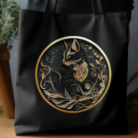 Elegant Black Tote Bag Gold Quilling Cat Design Intricate Feline Art