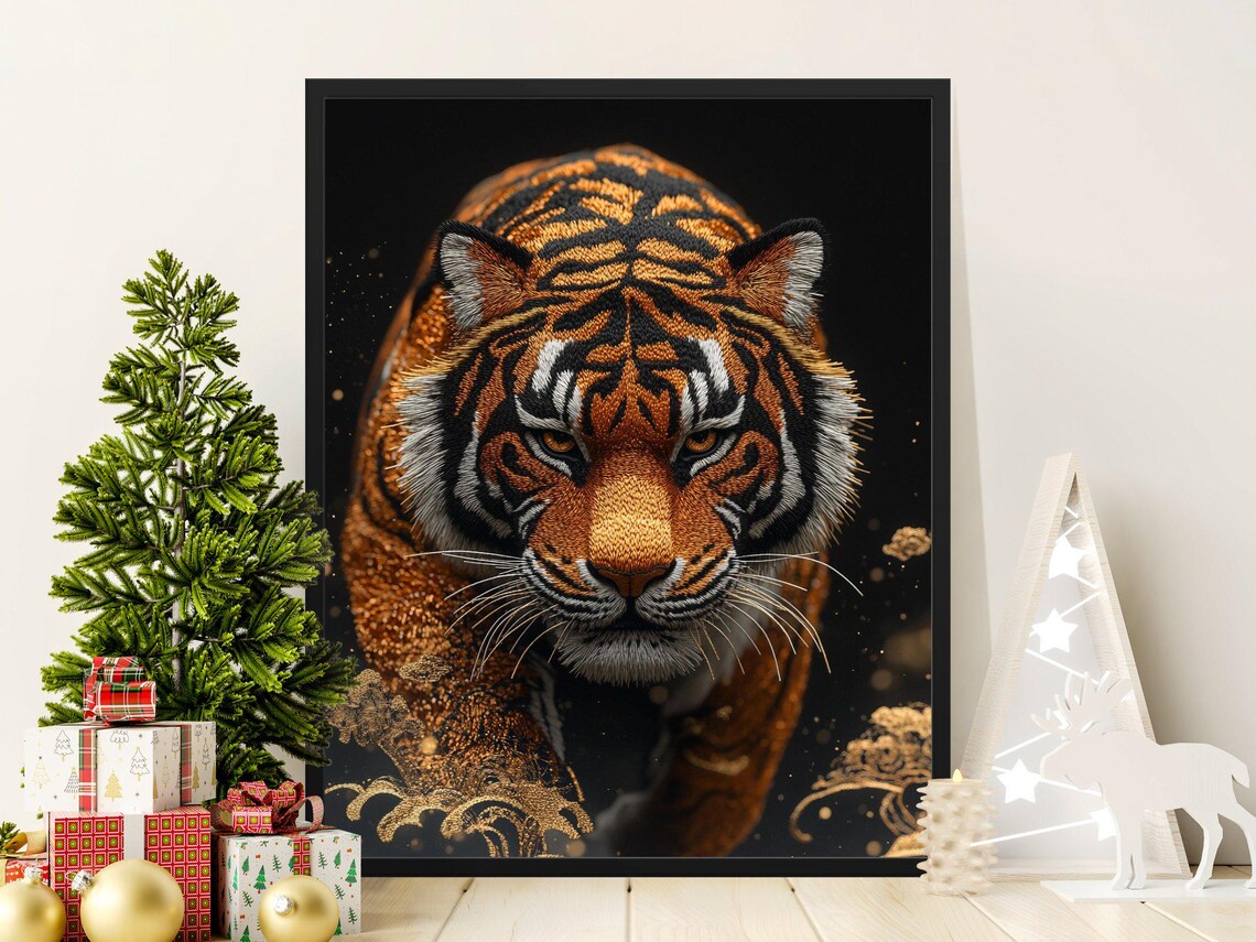 Fierce Tiger Portrait Gold Splatter Black Background Dramatic Wildlife Poster