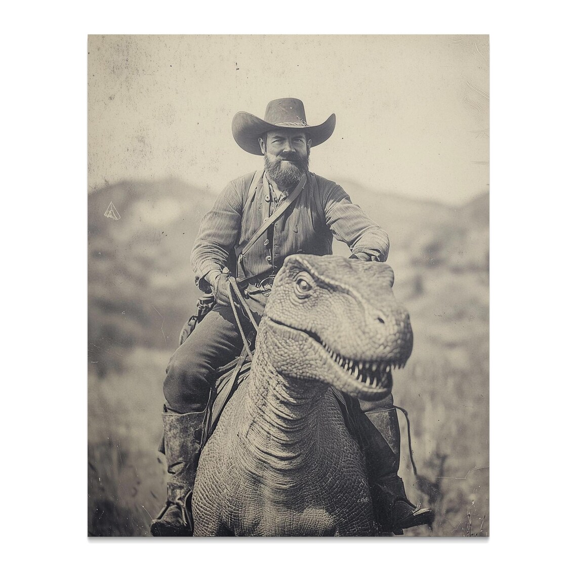 Cowboy Riding T-Rex Dinosaur Wild West Fantasy Vintage Photo Wall Art - Image 2