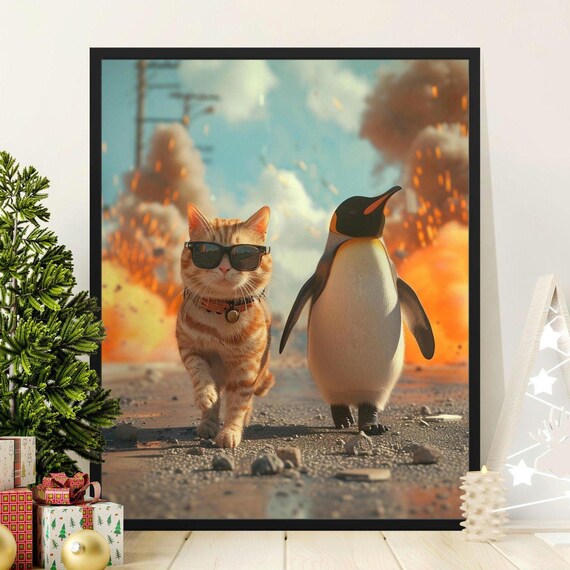 Cool Cat in Sunglasses and Penguin Walking From Explosion Poster