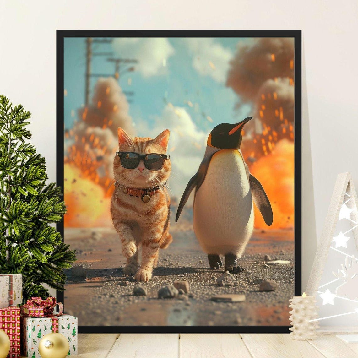 Cool Cat in Sunglasses and Penguin Walking From Explosion Poster
