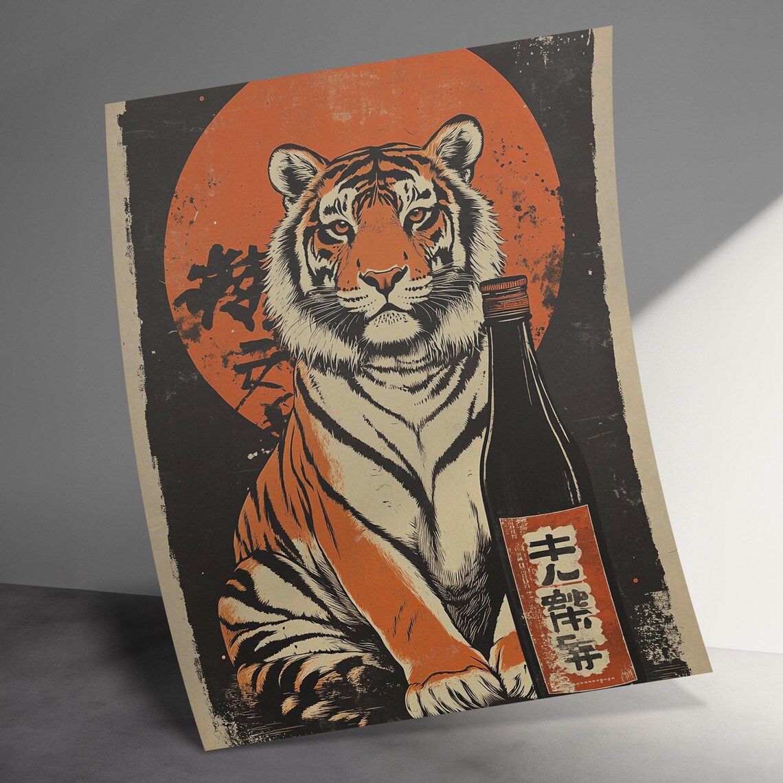 Vintage Tiger Red Sun Japanese Retro Bottle Wildlife Portrait Art Poster - Image 3