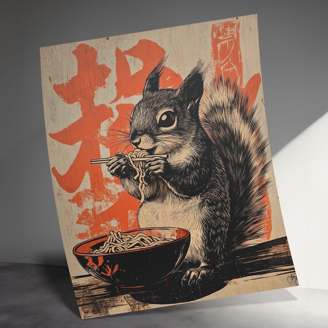 Squirrel Eating Ramen Chopsticks Retro Japanese Ink Drawing Art Poster - Image 3